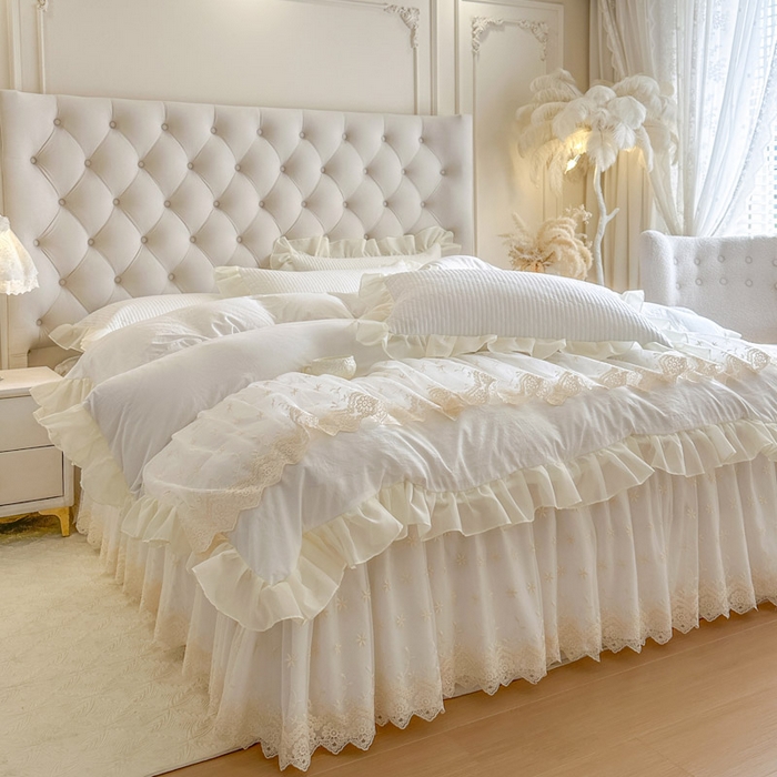 91家纺网 家纺一手货源 找家纺 瑞宝 2026新款泡芙棉花边床裙四件套-栀子海 栀子海-柔白