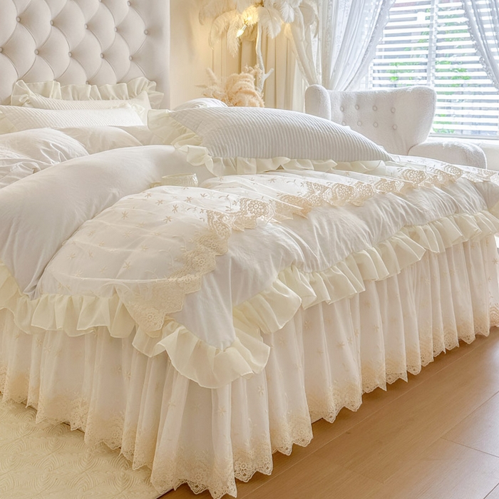 91家纺网 家纺一手货源 找家纺 瑞宝 2026新款泡芙棉花边床裙四件套-栀子海 栀子海-柔白