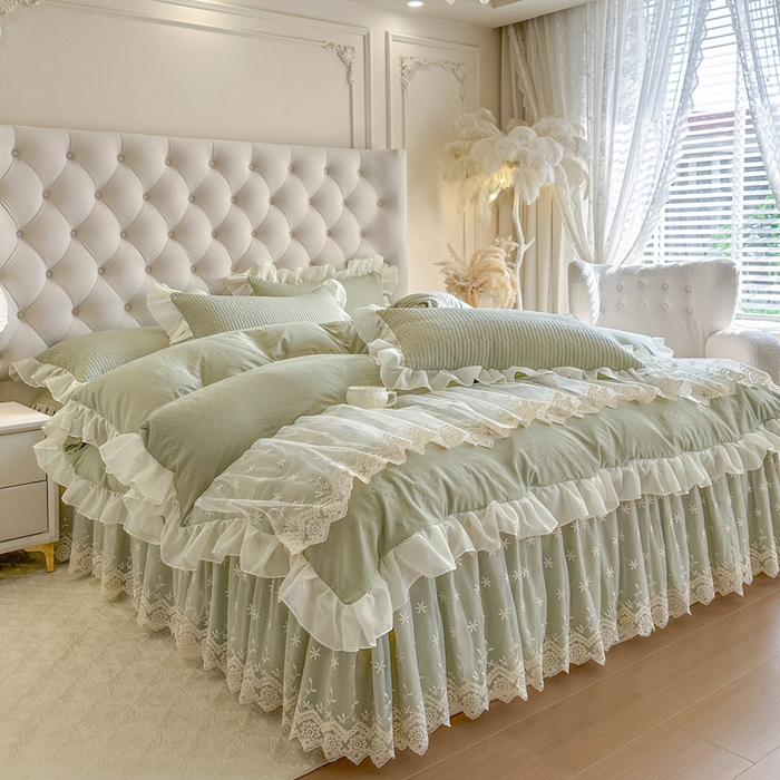 91家纺网 家纺一手货源 找家纺 瑞宝 2026新款泡芙棉花边床裙四件套-栀子海 栀子海-茶绿