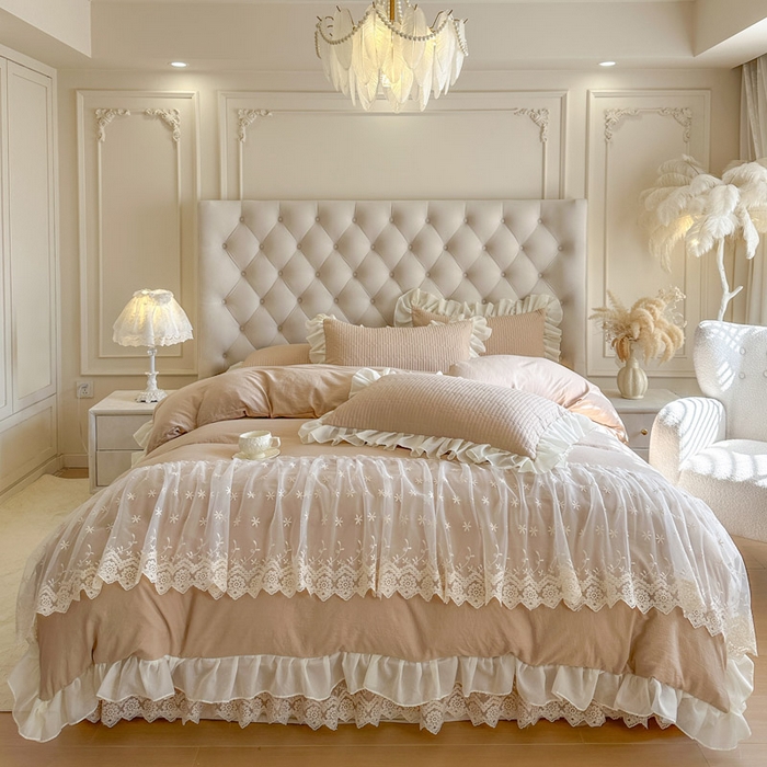 91家纺网 家纺一手货源 找家纺 瑞宝 2026新款泡芙棉花边床裙四件套-栀子海 栀子海-奶咖