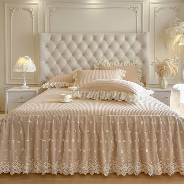 91家纺网 家纺一手货源 找家纺 瑞宝 2026新款泡芙棉花边床裙四件套-栀子海 栀子海-奶咖