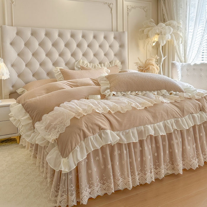 91家纺网 家纺一手货源 找家纺 瑞宝 2026新款泡芙棉花边床裙四件套-栀子海 栀子海-奶咖