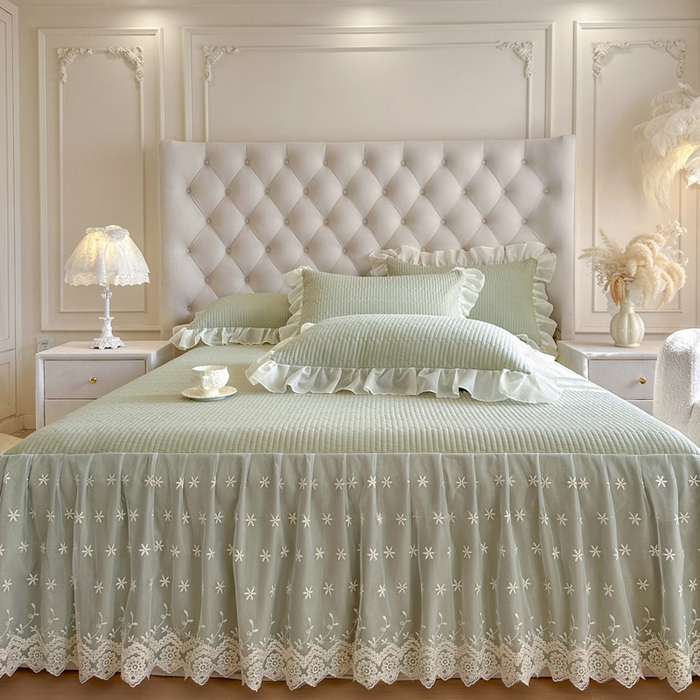 91家纺网 家纺一手货源 找家纺 瑞宝 2026新款泡芙棉花边床裙四件套-栀子海 栀子海-茶绿