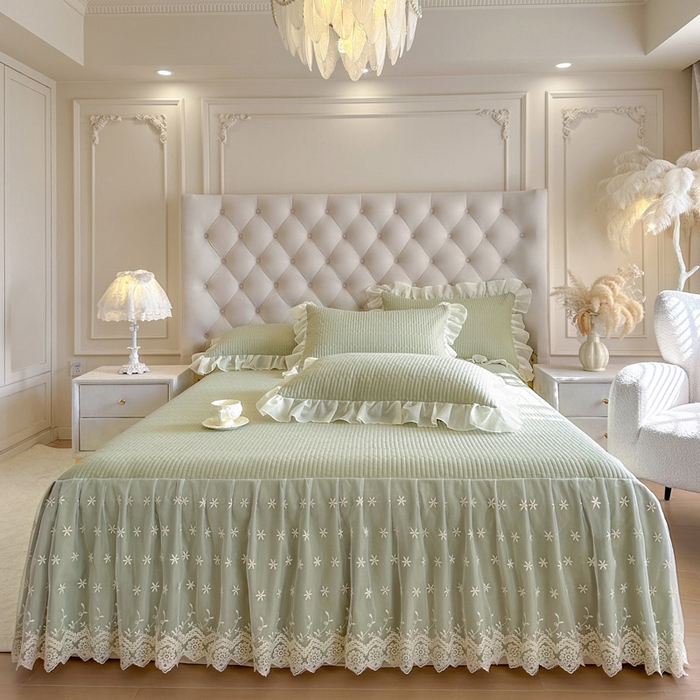 91家纺网 家纺一手货源 找家纺 瑞宝 2026新款泡芙棉花边床裙四件套-栀子海 栀子海-茶绿