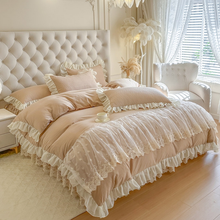 91家纺网 家纺一手货源 找家纺 瑞宝 2026新款泡芙棉花边床裙四件套-栀子海 栀子海-奶咖