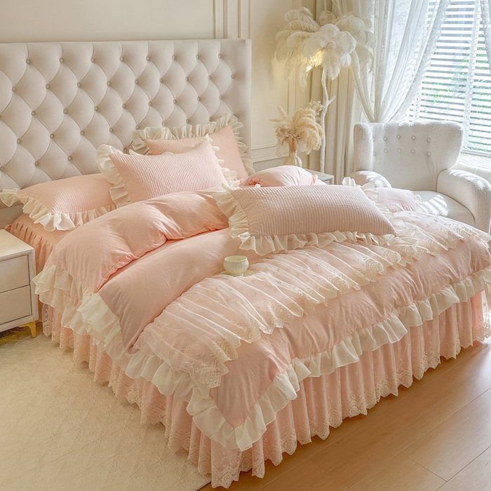 91家纺网 家纺一手货源 找家纺 瑞宝 2026新款泡芙棉花边床裙四件套-栀子海 栀子海-玉色