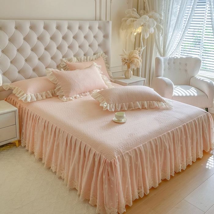 91家纺网 家纺一手货源 找家纺 瑞宝 2026新款泡芙棉花边床裙四件套-栀子海 栀子海-玉色