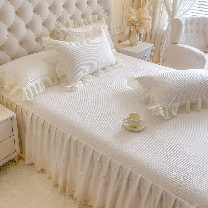 91家纺网 家纺一手货源 找家纺 瑞宝 2026新款泡芙棉花边床裙四件套-栀子海 栀子海-柔白