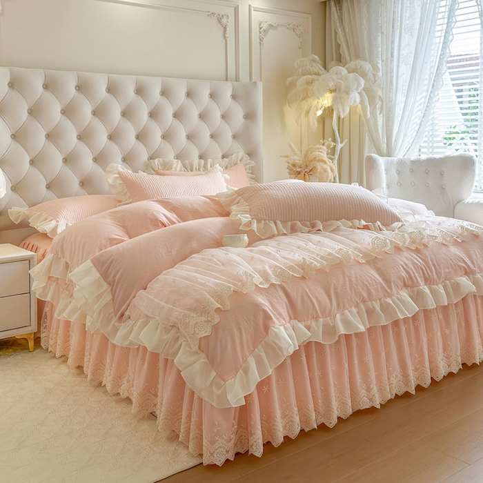 91家纺网 家纺一手货源 找家纺 瑞宝 2026新款泡芙棉花边床裙四件套-栀子海 栀子海-玉色