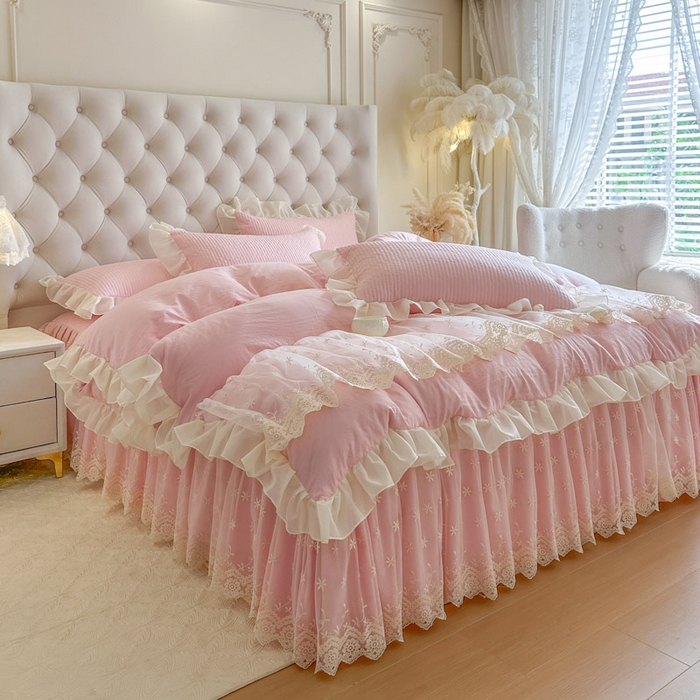 91家纺网 家纺一手货源 找家纺 瑞宝 2026新款泡芙棉花边床裙四件套-栀子海 栀子海-粉樱