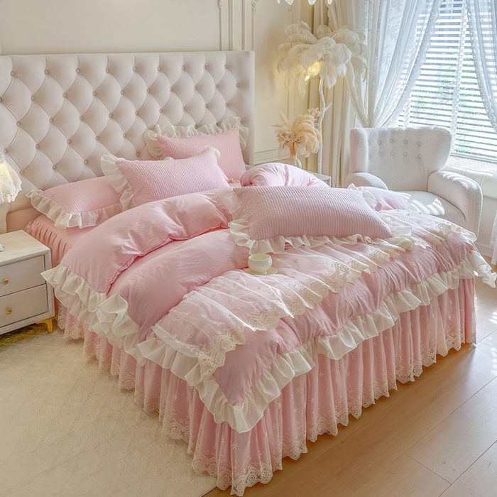 91家纺网 家纺一手货源 找家纺 瑞宝 2026新款泡芙棉花边床裙四件套-栀子海 栀子海-粉樱