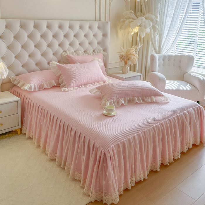 91家纺网 家纺一手货源 找家纺 瑞宝 2026新款泡芙棉花边床裙四件套-栀子海 栀子海-粉樱