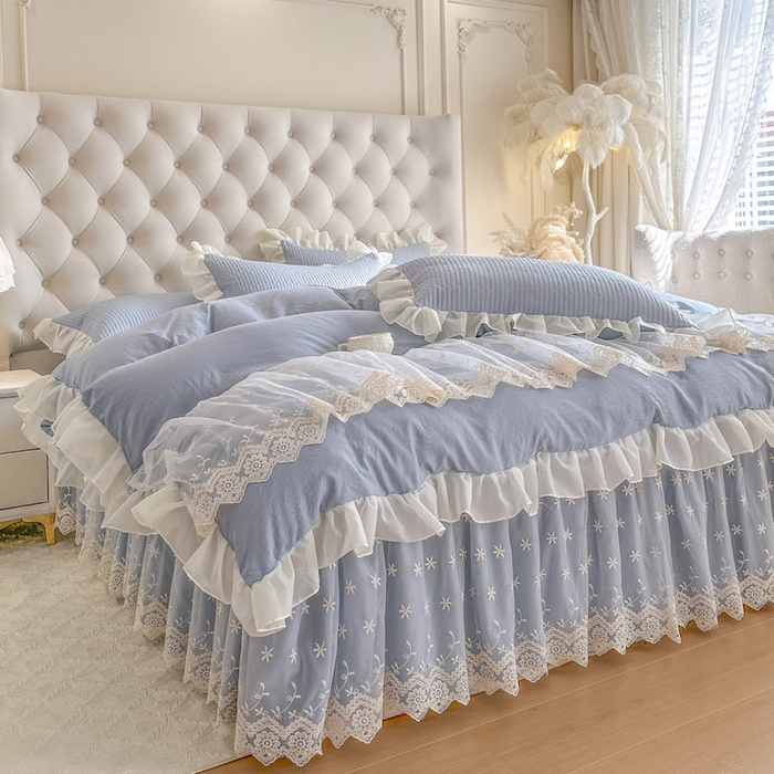 91家纺网 家纺一手货源 找家纺 瑞宝 2026新款泡芙棉花边床裙四件套-栀子海 栀子海-天蓝