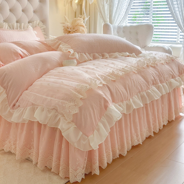 91家纺网 家纺一手货源 找家纺 瑞宝 2026新款泡芙棉花边床裙四件套-栀子海 栀子海-玉色