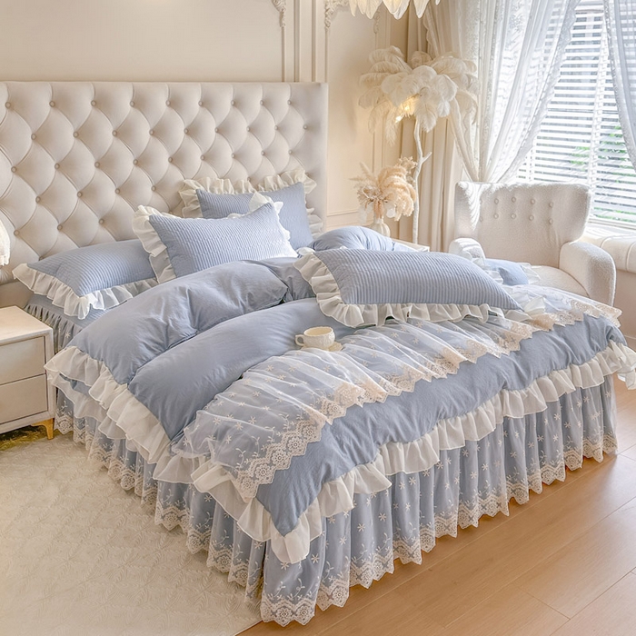 91家纺网 家纺一手货源 找家纺 瑞宝 2026新款泡芙棉花边床裙四件套-栀子海 栀子海-天蓝