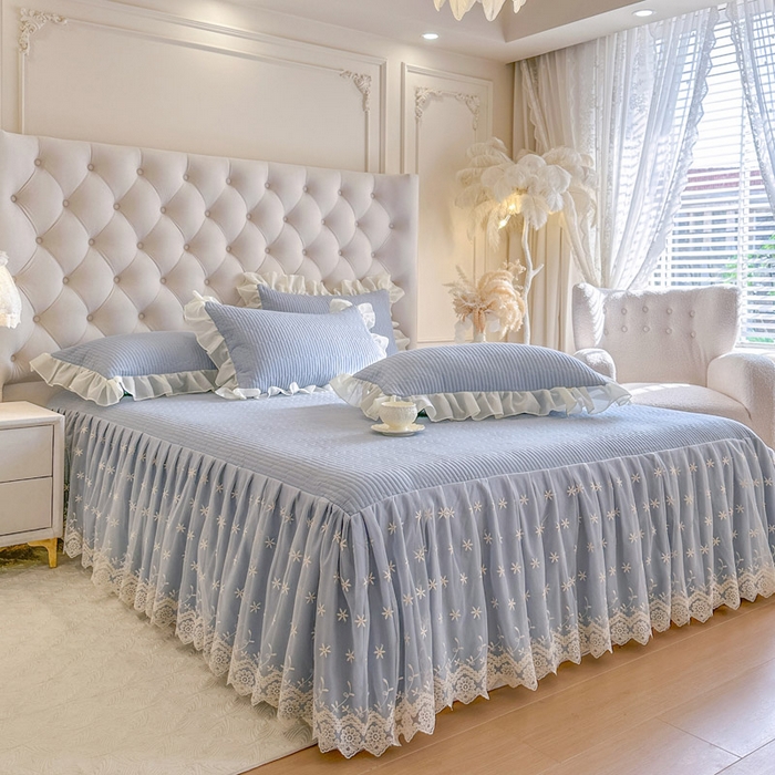 91家纺网 家纺一手货源 找家纺 瑞宝 2026新款泡芙棉花边床裙四件套-栀子海 栀子海-天蓝