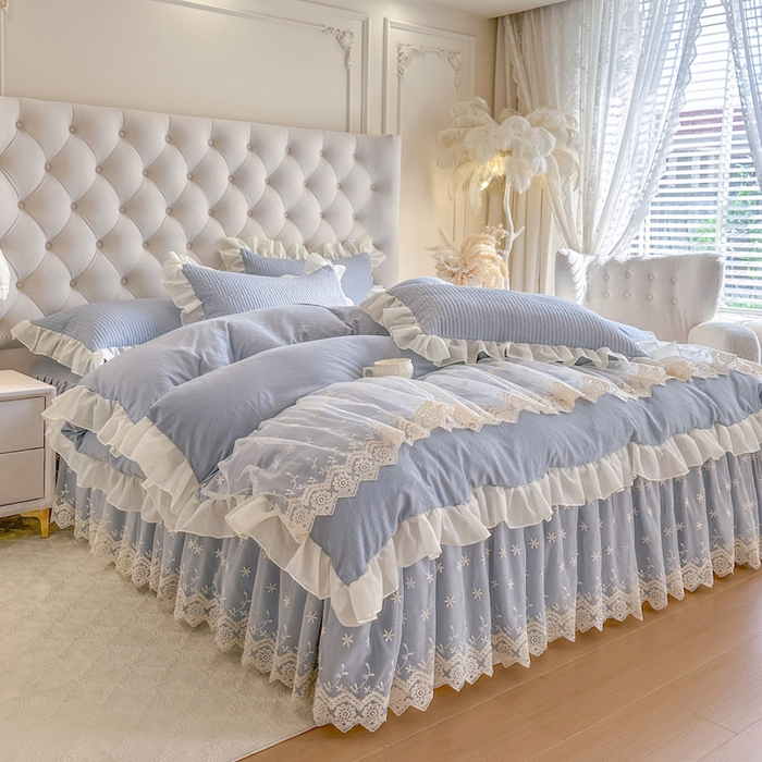 91家纺网 家纺一手货源 找家纺 瑞宝 2026新款泡芙棉花边床裙四件套-栀子海 栀子海-天蓝