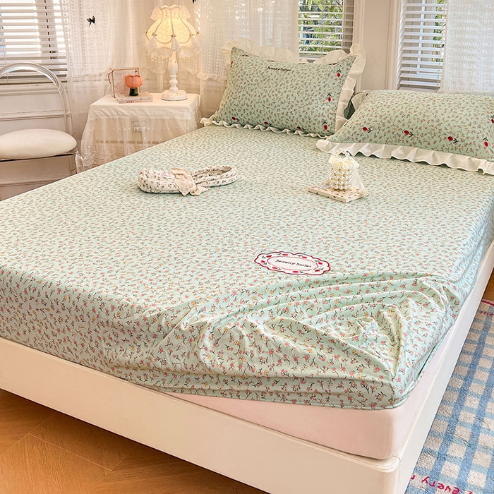 91家纺网 家纺一手货源 找家纺 梦舒羽 2026新款A类云朵棉亲肤四季款刺绣床笠席梦思床罩全包床单三件套 薄荷之夏（刺绣款）