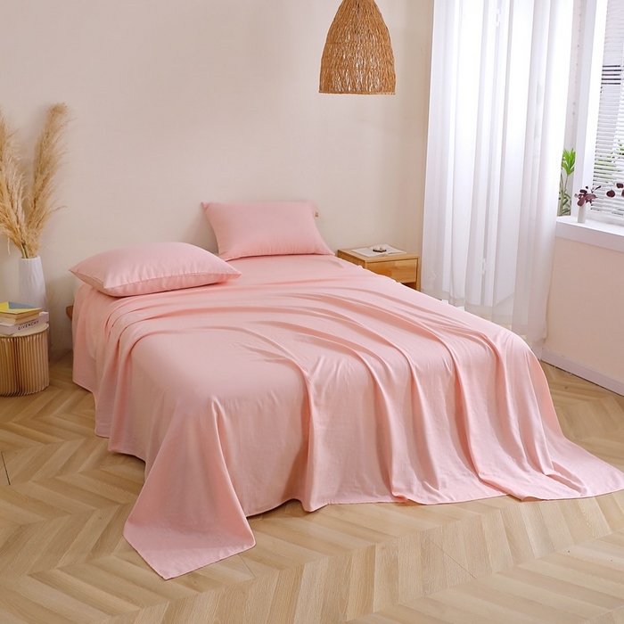 91家纺网 家纺一手货源 找家纺 晶缦家纺 2026新款纯棉纯色A类全棉双层纱单品床单床单单件单床单（水洗预处理）-觅琳系列 觅琳-暮云粉