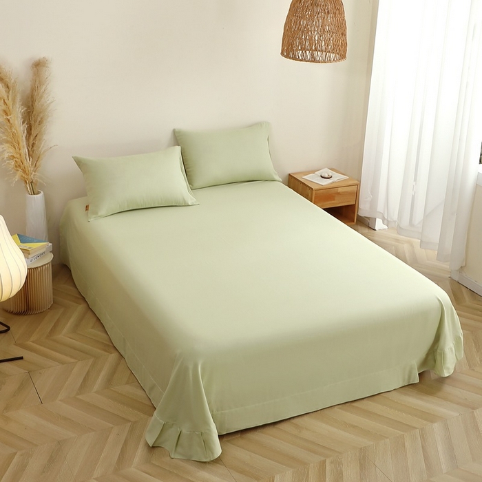 91家纺网 家纺一手货源 找家纺 晶缦家纺 2026新款纯棉纯色A类全棉双层纱单品床单床单单件单床单（水洗预处理）-觅琳系列 觅琳-浅春绿