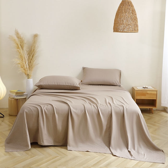 91家纺网 家纺一手货源 找家纺 晶缦家纺 2026新款纯棉纯色A类全棉双层纱单品床单床单单件单床单（水洗预处理）-觅琳系列 觅琳-浅卡其