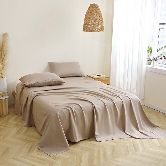 91家纺网 家纺一手货源 找家纺 晶缦家纺 2026新款纯棉纯色A类全棉双层纱单品床单床单单件单床单（水洗预处理）-觅琳系列 觅琳-浅卡其