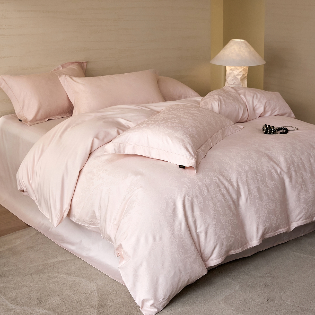 梧桐树 2026新款60支长绒棉提花高奢系列四件套 T14羽蝶-玉粉