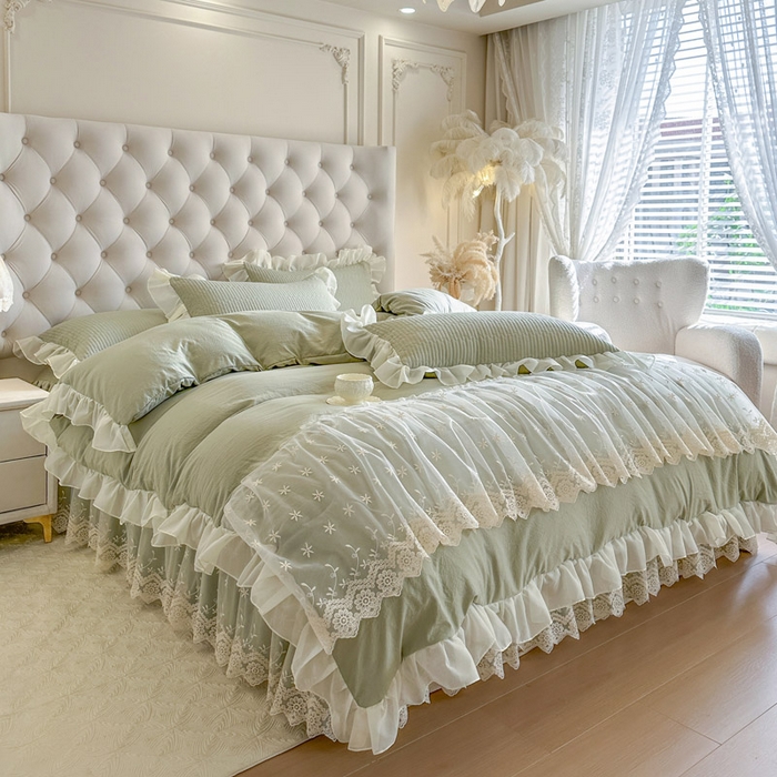 91家纺网 家纺一手货源 找家纺 （总）瑞宝 2026新款泡芙棉花边床裙三件套-栀子海