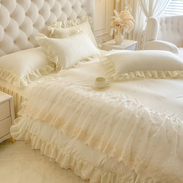 91家纺网 家纺一手货源 找家纺 瑞宝 2026新款泡芙棉花边床裙三件套-栀子海 栀子海-高级米