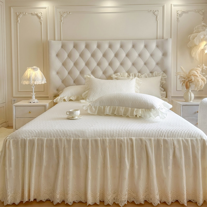 91家纺网 家纺一手货源 找家纺 瑞宝 2026新款泡芙棉花边床裙三件套-栀子海 栀子海-高级米