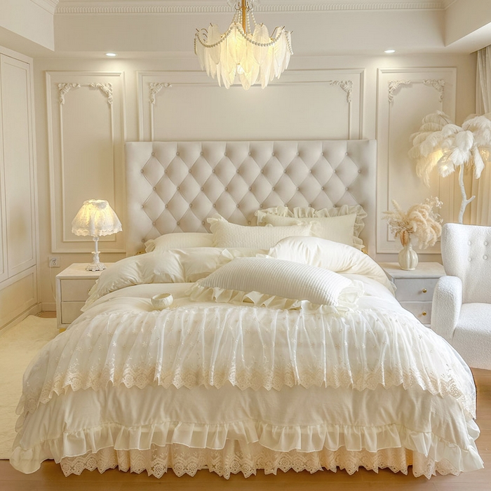 91家纺网 家纺一手货源 找家纺 瑞宝 2026新款泡芙棉花边床裙三件套-栀子海 栀子海-高级米