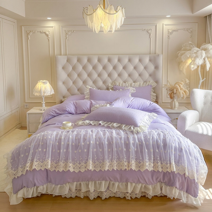 91家纺网 家纺一手货源 找家纺 瑞宝 2026新款泡芙棉花边床裙三件套-栀子海 栀子海-紫色