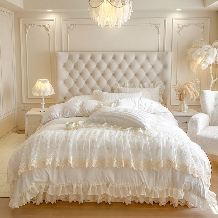 91家纺网 家纺一手货源 找家纺 瑞宝 2026新款泡芙棉花边床裙三件套-栀子海 栀子海-柔白