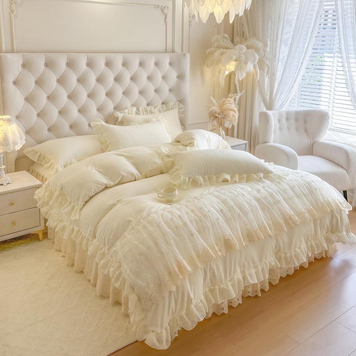 91家纺网 家纺一手货源 找家纺 瑞宝 2026新款泡芙棉花边床裙三件套-栀子海 栀子海-高级米