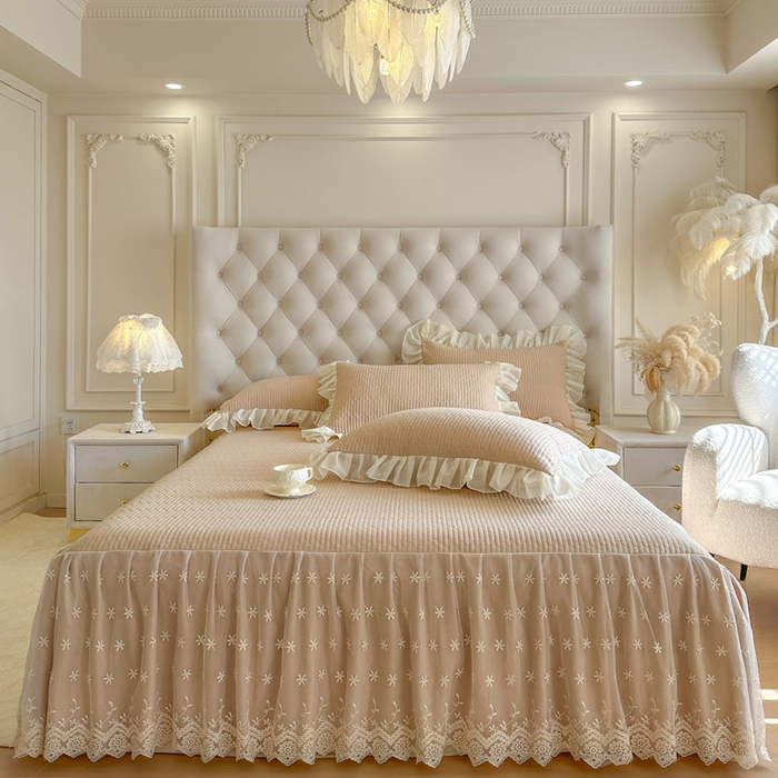 瑞宝 2026新款泡芙棉花边床裙三件套-栀子海 栀子海-奶咖