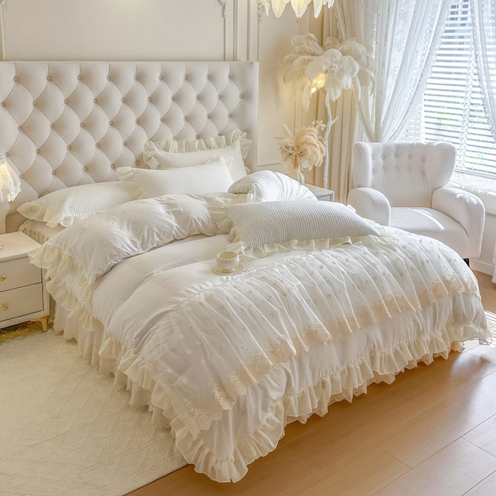 91家纺网 家纺一手货源 找家纺 瑞宝 2026新款泡芙棉花边床裙三件套-栀子海 栀子海-柔白