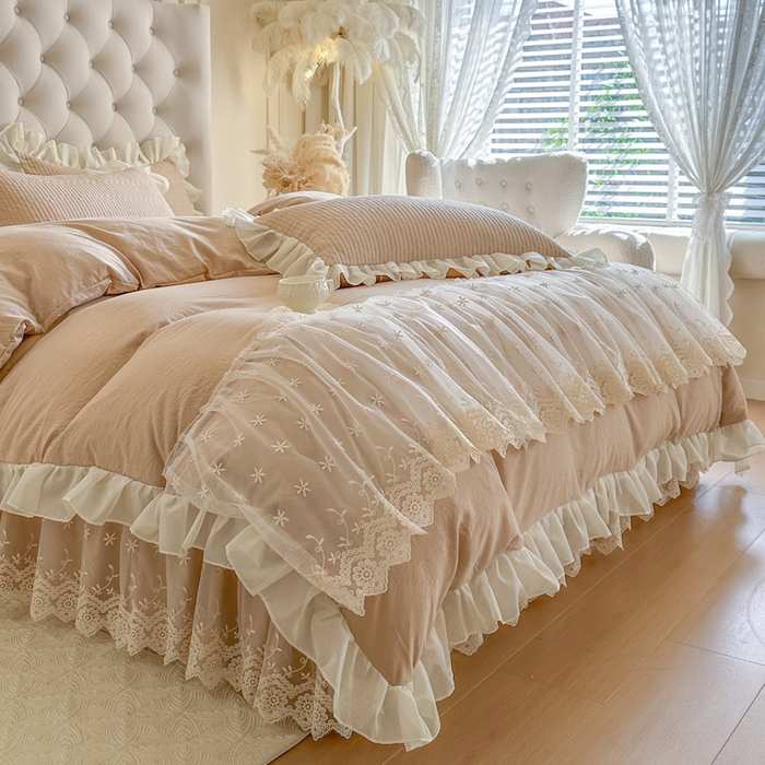 91家纺网 家纺一手货源 找家纺 瑞宝 2026新款泡芙棉花边床裙三件套-栀子海 栀子海-奶咖