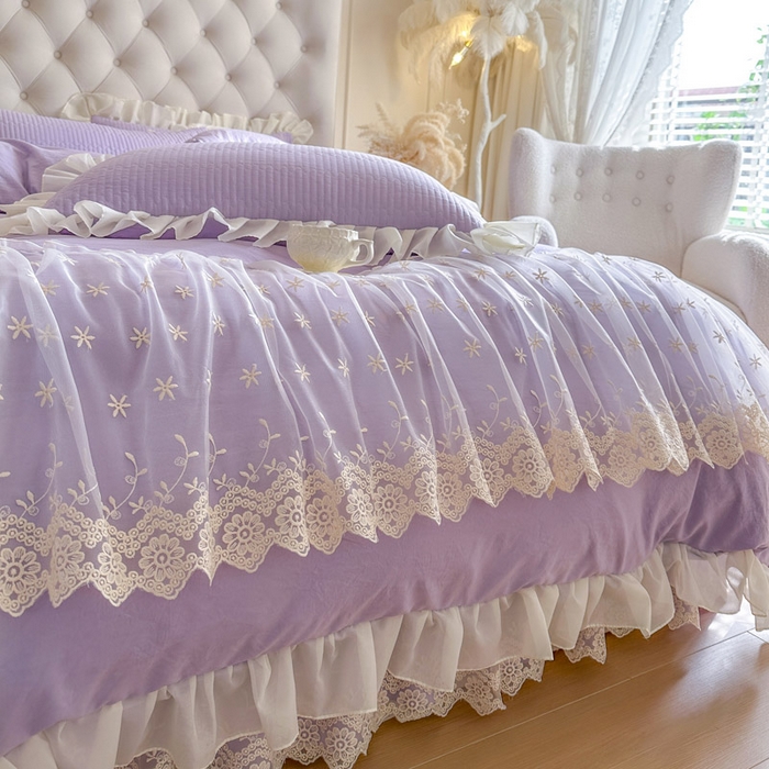 91家纺网 家纺一手货源 找家纺 瑞宝 2026新款泡芙棉花边床裙三件套-栀子海 栀子海-紫色