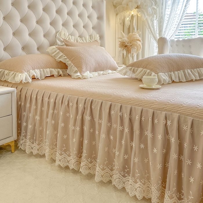 91家纺网 家纺一手货源 找家纺 瑞宝 2026新款泡芙棉花边床裙三件套-栀子海 栀子海-奶咖