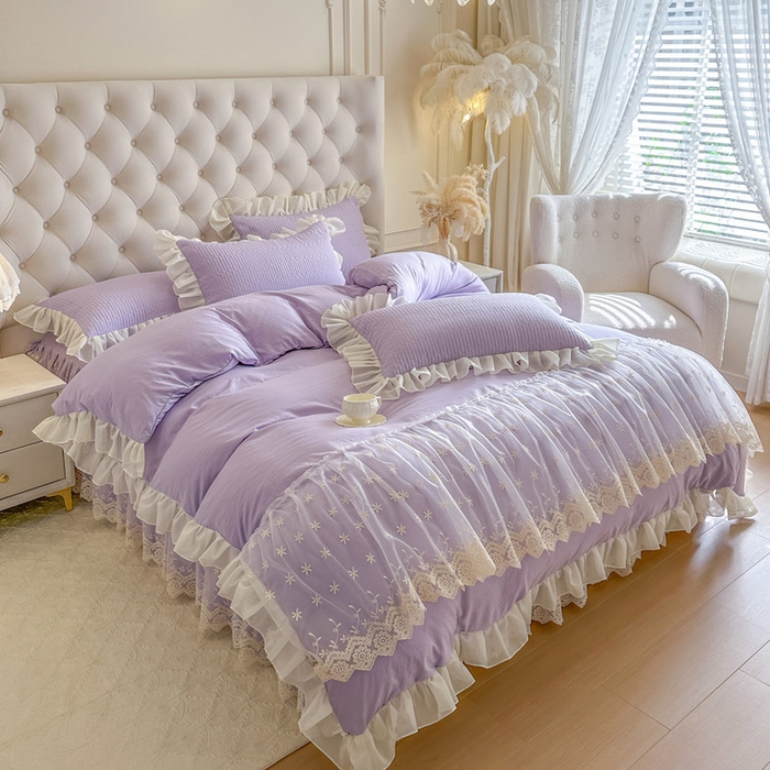 91家纺网 家纺一手货源 找家纺 瑞宝 2026新款泡芙棉花边床裙三件套-栀子海 栀子海-紫色