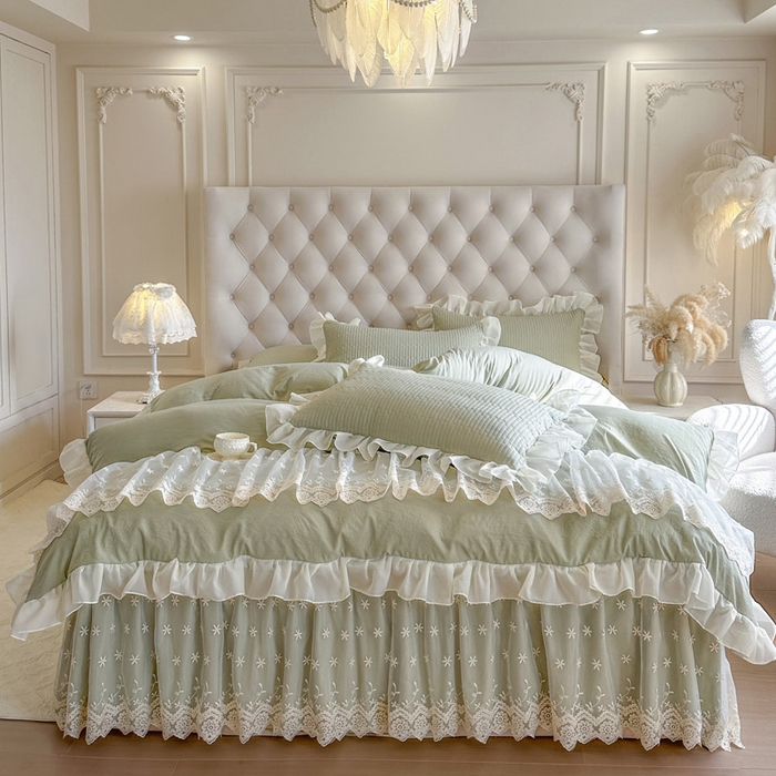 91家纺网 家纺一手货源 找家纺 瑞宝 2026新款泡芙棉花边床裙三件套-栀子海 栀子海-茶绿