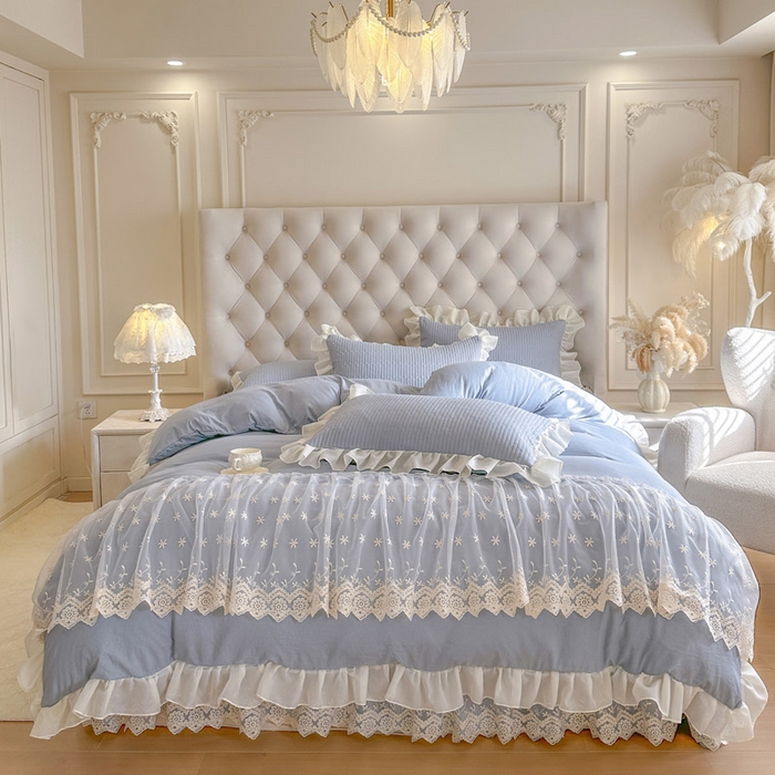 91家纺网 家纺一手货源 找家纺 瑞宝 2026新款泡芙棉花边床裙三件套-栀子海 栀子海-天蓝