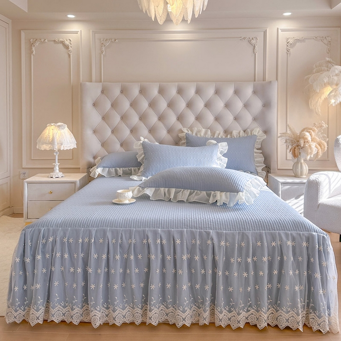 瑞宝 2026新款泡芙棉花边床裙三件套-栀子海 栀子海-天蓝