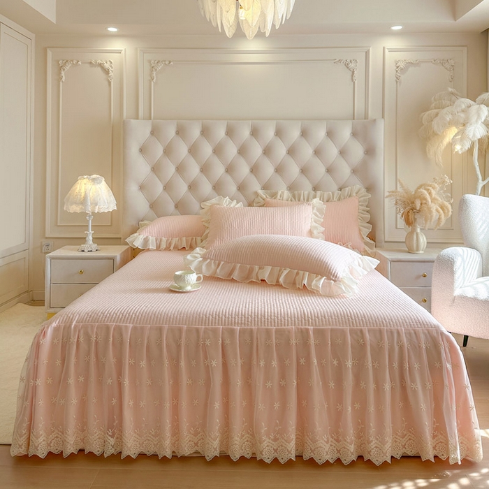 瑞宝 2026新款泡芙棉花边床裙三件套-栀子海 栀子海-玉色