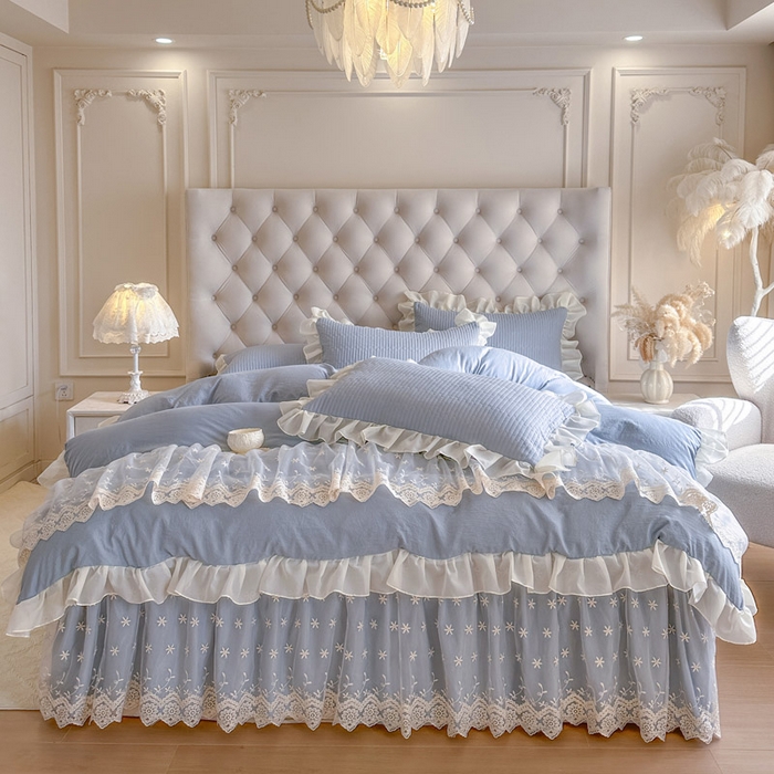 91家纺网 家纺一手货源 找家纺 瑞宝 2026新款泡芙棉花边床裙三件套-栀子海 栀子海-天蓝