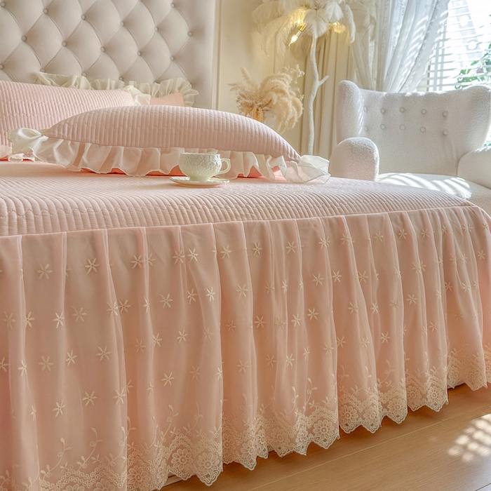 91家纺网 家纺一手货源 找家纺 瑞宝 2026新款泡芙棉花边床裙三件套-栀子海 栀子海-玉色