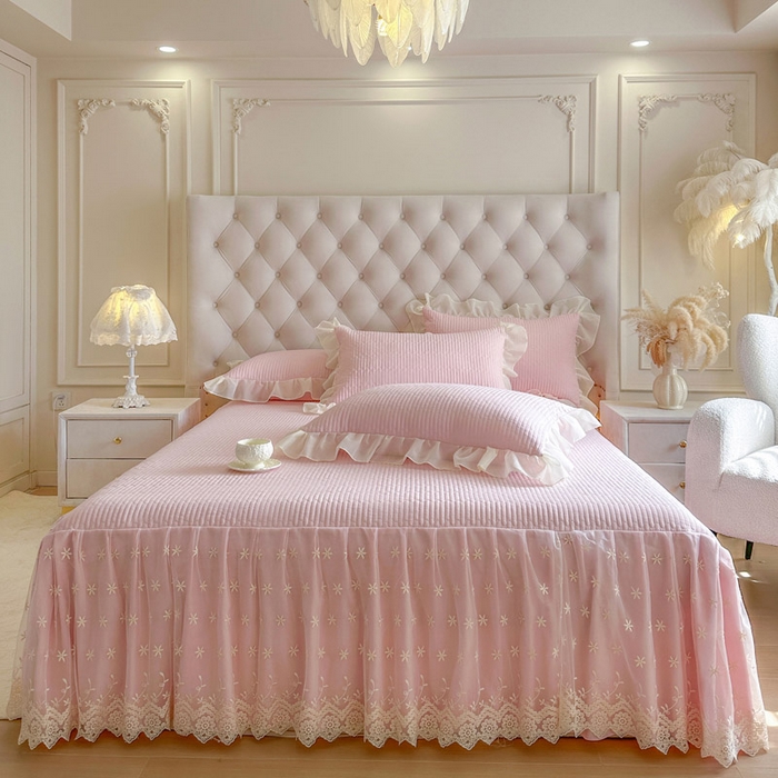 瑞宝 2026新款泡芙棉花边床裙三件套-栀子海 栀子海-粉樱