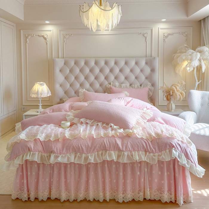 91家纺网 家纺一手货源 找家纺 瑞宝 2026新款泡芙棉花边床裙三件套-栀子海 栀子海-粉樱