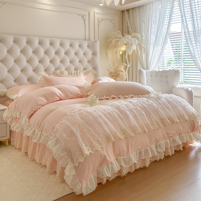 91家纺网 家纺一手货源 找家纺 瑞宝 2026新款泡芙棉花边床裙三件套-栀子海 栀子海-玉色