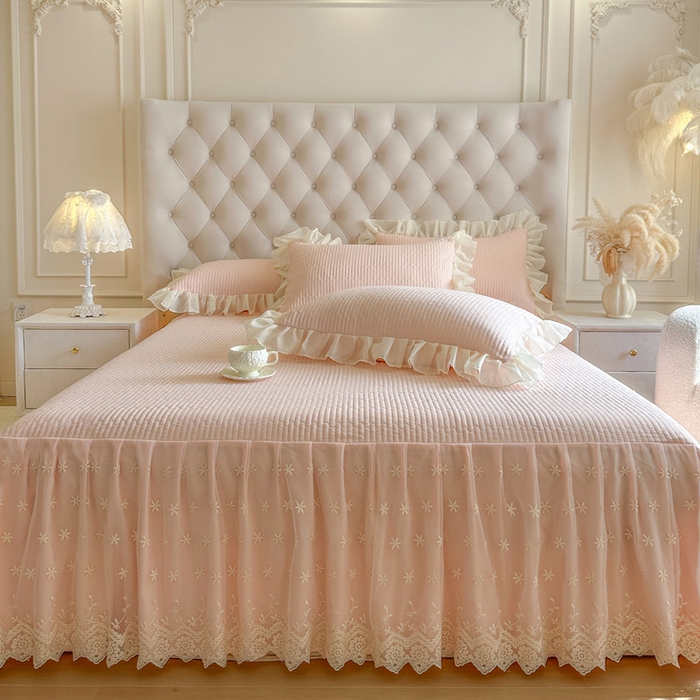 91家纺网 家纺一手货源 找家纺 瑞宝 2026新款泡芙棉花边床裙三件套-栀子海 栀子海-玉色